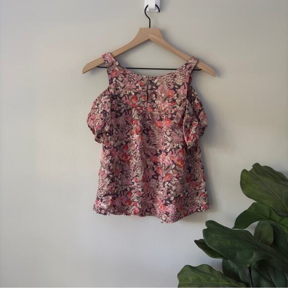 Maeve Anthropologie Cold Shoulder Top Short Sleeve Floral Print Button Keyhole S - Picture 2 of 9